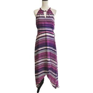 NWT Thalia Sodi Pink Purple Metallic Stripe Hi Low Faux Wrap Maxi Dress Size L